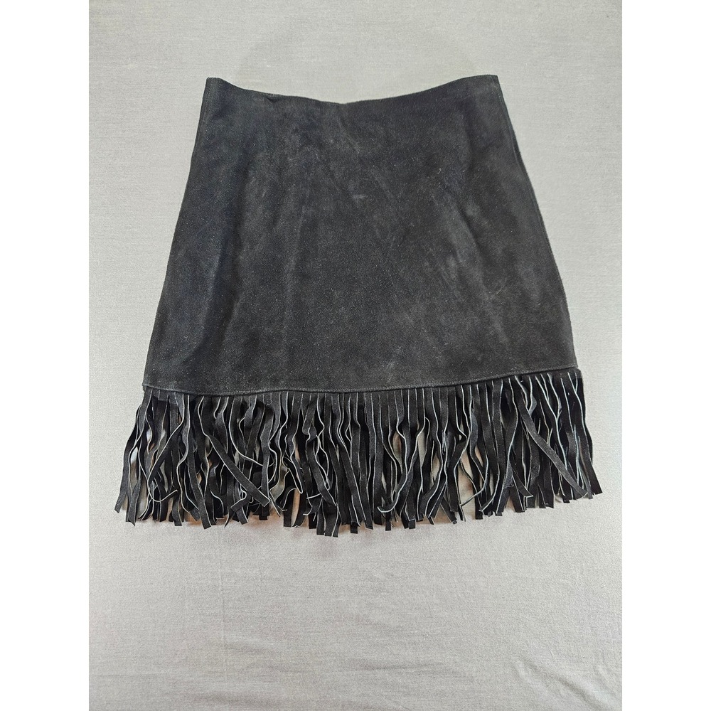 Passport Black Genuine Leather Suede Fringe Mini Skirt Western Boho Womens 7